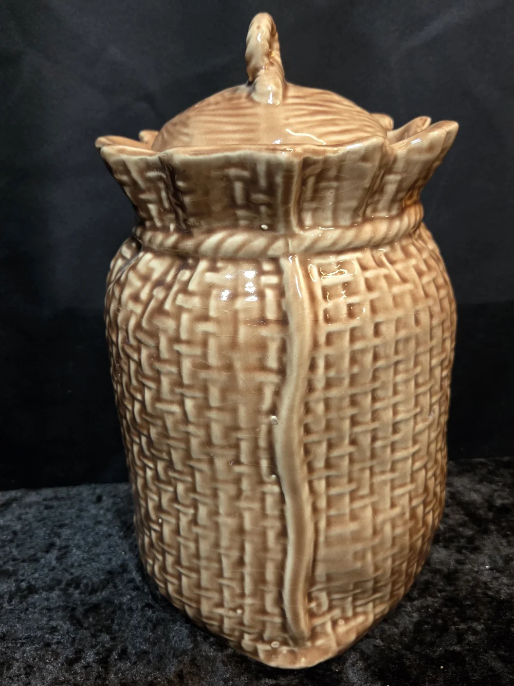 Mccoy Brown Glazed Ceramic Basketweave Cookie Jar with Lid